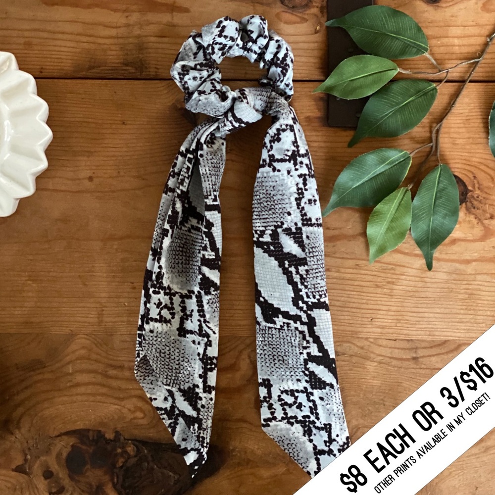Gray + Black Snakeskin Print Hair Scrunchie Scarf